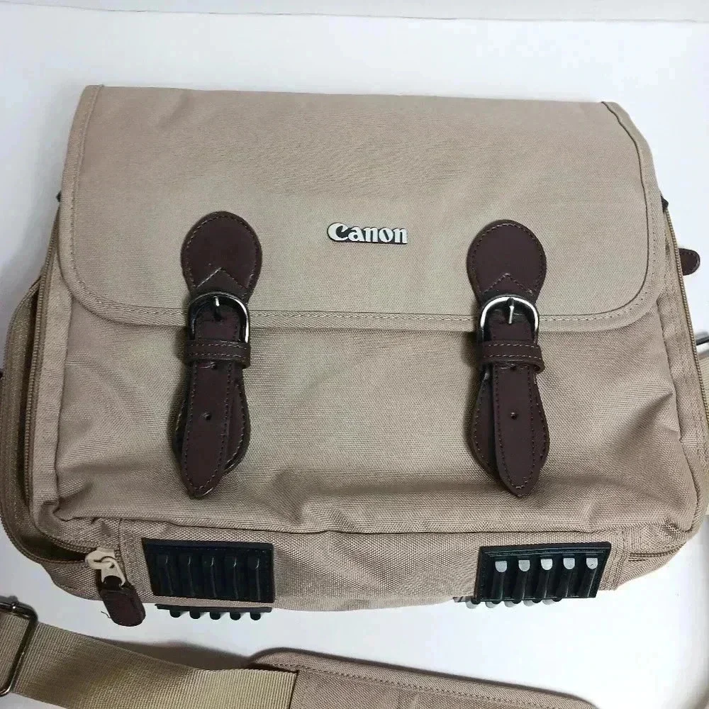 Canon Beige Canvas Brown Leather Carry Shoulder Strap Padded Camera Bag CLEAN